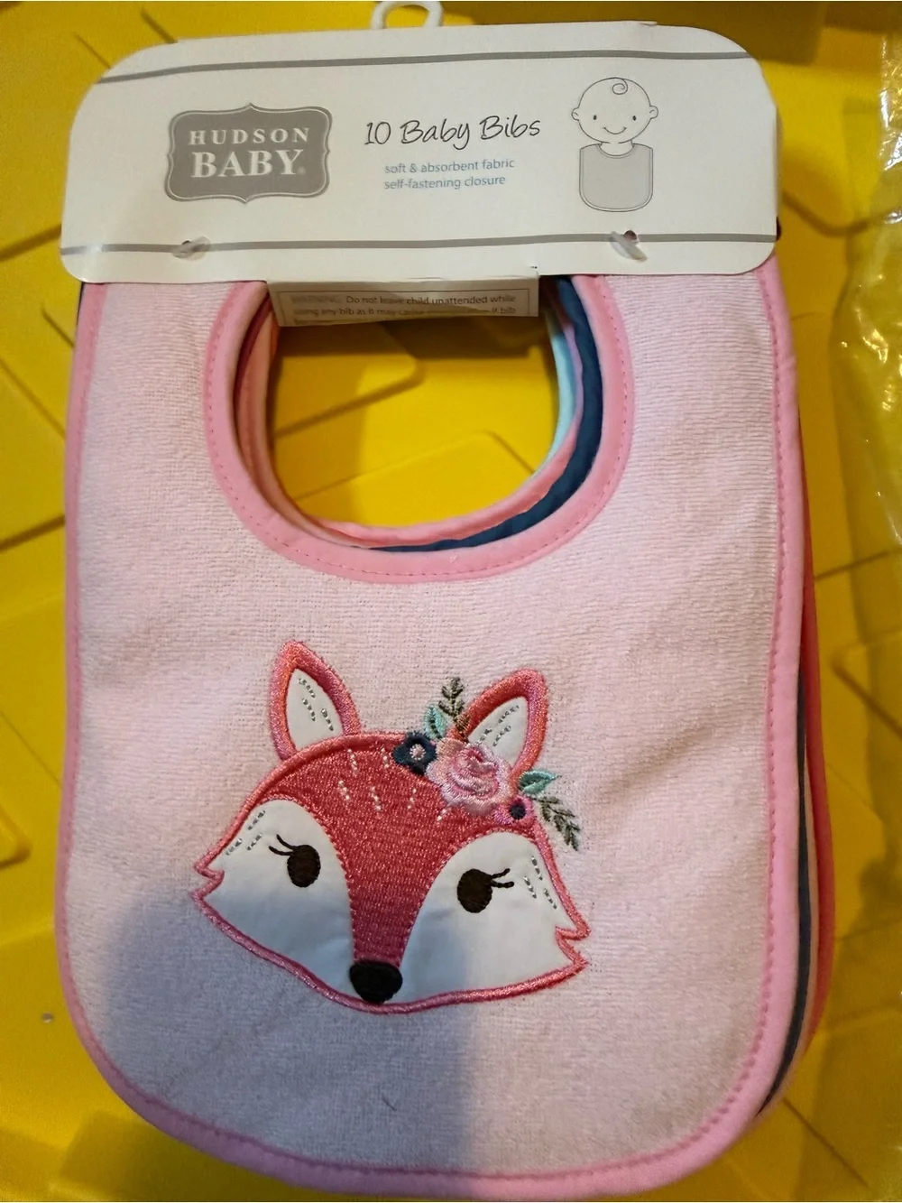 Hudson Baby Pink Fox Embroidered Bib - Floral Accent